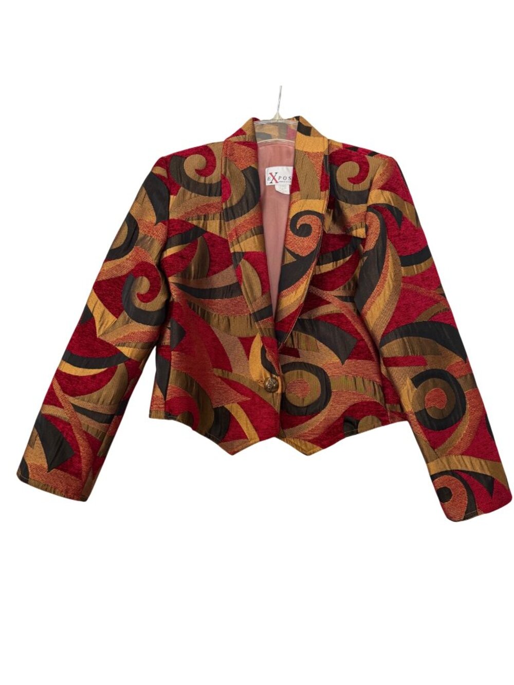 eXpose Vintage Chenille Cropped Jacket Swirl Pattern Red Gold Olive Size M USA